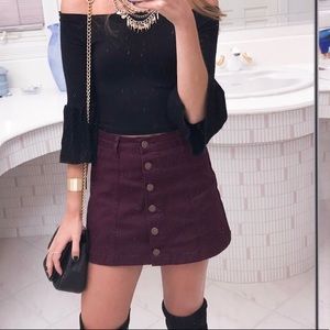 Burgundy Denim Button Front Mini Skirt